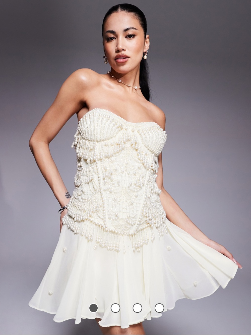 ASOS Design Corset Bandeau Mini Dress with Pearl Beading Ivory